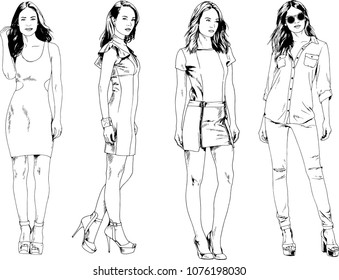 vector drawings on the theme of beautiful slim sporty girl in casual clothes in various poses painted ink hand sketch with no background
