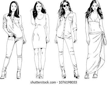 vector drawings on the theme of beautiful slim sporty girl in casual clothes in various poses painted ink hand sketch with no background
