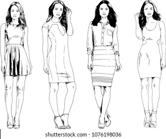 vector drawings on the theme of beautiful slim sporty girl in casual clothes in various poses painted ink hand sketch with no background
