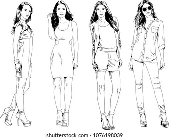 vector drawings on the theme of beautiful slim sporty girl in casual clothes in various poses painted ink hand sketch with no background
