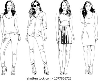 vector drawings on the theme of beautiful slim sporty girl in casual clothes in various poses painted ink hand sketch with no background
