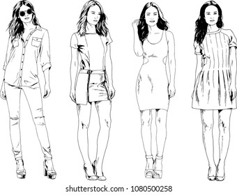 vector drawings on the theme of beautiful slim sporty girl in casual clothes in various poses painted ink hand sketch with no background

