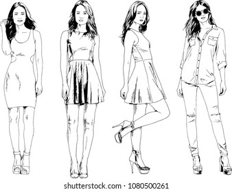 vector drawings on the theme of beautiful slim sporty girl in casual clothes in various poses painted ink hand sketch with no background

