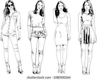vector drawings on the theme of beautiful slim sporty girl in casual clothes in various poses painted ink hand sketch with no background

