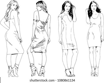 vector drawings on the theme of beautiful slim sporty girl in casual clothes in various poses painted ink hand sketch with no background
