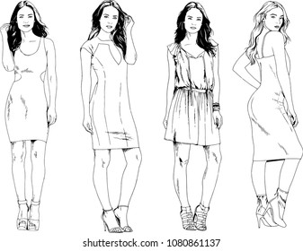 vector drawings on the theme of beautiful slim sporty girl in casual clothes in various poses painted ink hand sketch with no background
