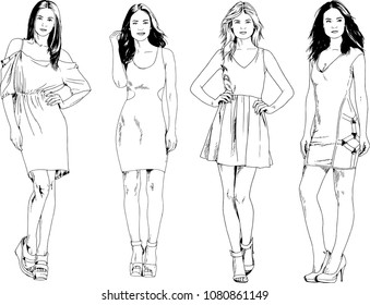 vector drawings on the theme of beautiful slim sporty girl in casual clothes in various poses painted ink hand sketch with no background
