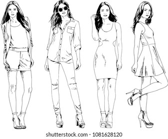 vector drawings on the theme of beautiful slim sporty girl in casual clothes in various poses painted ink hand sketch with no background
