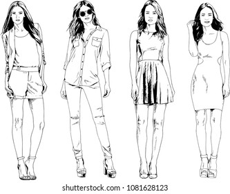 vector drawings on the theme of beautiful slim sporty girl in casual clothes in various poses painted ink hand sketch with no background
