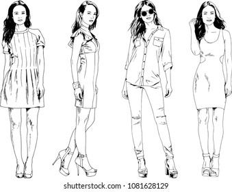 vector drawings on the theme of beautiful slim sporty girl in casual clothes in various poses painted ink hand sketch with no background
