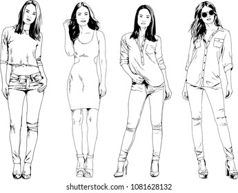 vector drawings on the theme of beautiful slim sporty girl in casual clothes in various poses painted ink hand sketch with no background
