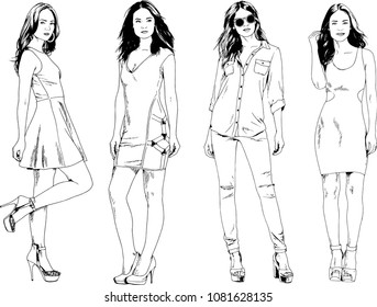 vector drawings on the theme of beautiful slim sporty girl in casual clothes in various poses painted ink hand sketch with no background

