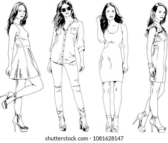 vector drawings on the theme of beautiful slim sporty girl in casual clothes in various poses painted ink hand sketch with no background
