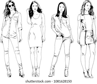 vector drawings on the theme of beautiful slim sporty girl in casual clothes in various poses painted ink hand sketch with no background
