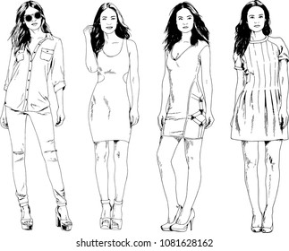 vector drawings on the theme of beautiful slim sporty girl in casual clothes in various poses painted ink hand sketch with no background

