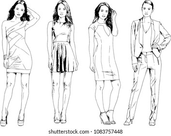 vector drawings on the theme of beautiful slim sporty girl in casual clothes in various poses painted ink hand sketch with no background
