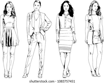 vector drawings on the theme of beautiful slim sporty girl in casual clothes in various poses painted ink hand sketch with no background
