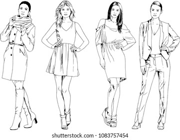 vector drawings on the theme of beautiful slim sporty girl in casual clothes in various poses painted ink hand sketch with no background
