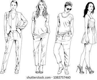 vector drawings on the theme of beautiful slim sporty girl in casual clothes in various poses painted ink hand sketch with no background
