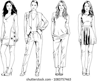 vector drawings on the theme of beautiful slim sporty girl in casual clothes in various poses painted ink hand sketch with no background
