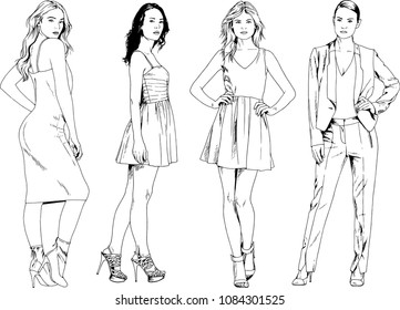 vector drawings on the theme of beautiful slim sporty girl in casual clothes in various poses painted ink hand sketch with no background
