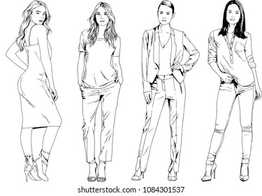 vector drawings on the theme of beautiful slim sporty girl in casual clothes in various poses painted ink hand sketch with no background
