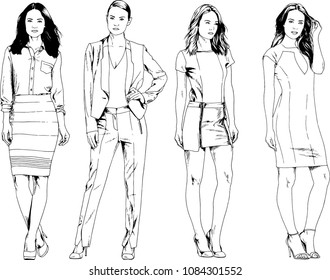 vector drawings on the theme of beautiful slim sporty girl in casual clothes in various poses painted ink hand sketch with no background
