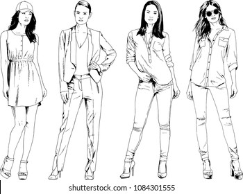 vector drawings on the theme of beautiful slim sporty girl in casual clothes in various poses painted ink hand sketch with no background

