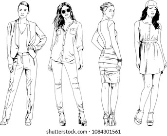 vector drawings on the theme of beautiful slim sporty girl in casual clothes in various poses painted ink hand sketch with no background
