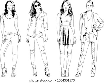 vector drawings on the theme of beautiful slim sporty girl in casual clothes in various poses painted ink hand sketch with no background
