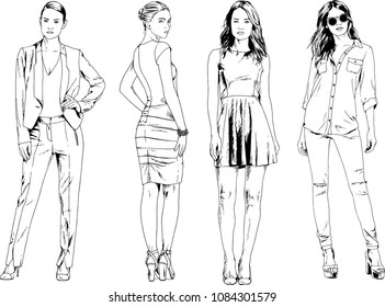 vector drawings on the theme of beautiful slim sporty girl in casual clothes in various poses painted ink hand sketch with no background
