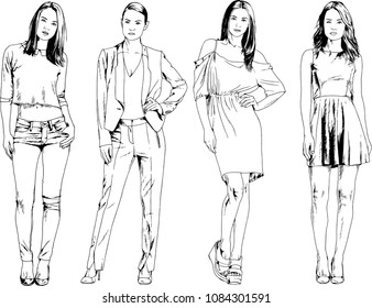 vector drawings on the theme of beautiful slim sporty girl in casual clothes in various poses painted ink hand sketch with no background
