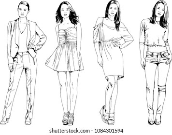 vector drawings on the theme of beautiful slim sporty girl in casual clothes in various poses painted ink hand sketch with no background
