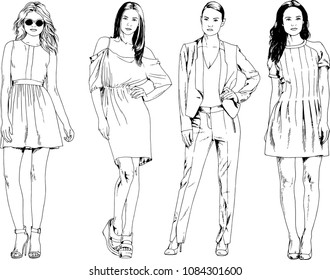 vector drawings on the theme of beautiful slim sporty girl in casual clothes in various poses painted ink hand sketch with no background
