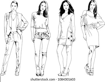 vector drawings on the theme of beautiful slim sporty girl in casual clothes in various poses painted ink hand sketch with no background

