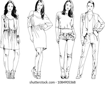 vector drawings on the theme of beautiful slim sporty girl in casual clothes in various poses painted ink hand sketch with no background

