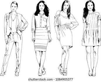 vector drawings on the theme of beautiful slim sporty girl in casual clothes in various poses painted ink hand sketch with no background
