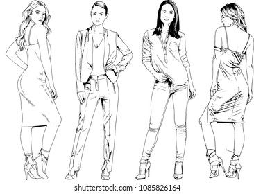 vector drawings on the theme of beautiful slim sporty girl in casual clothes in various poses painted ink hand sketch with no background
