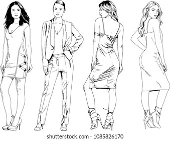 vector drawings on the theme of beautiful slim sporty girl in casual clothes in various poses painted ink hand sketch with no background
