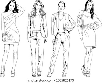 vector drawings on the theme of beautiful slim sporty girl in casual clothes in various poses painted ink hand sketch with no background
