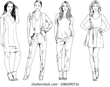 vector drawings on the theme of beautiful slim sporty girl in casual clothes in various poses painted ink hand sketch with no background
