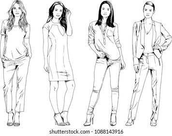 vector drawings on the theme of beautiful slim sporty girl in casual clothes in various poses painted ink hand sketch with no background
