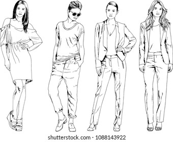vector drawings on the theme of beautiful slim sporty girl in casual clothes in various poses painted ink hand sketch with no background
