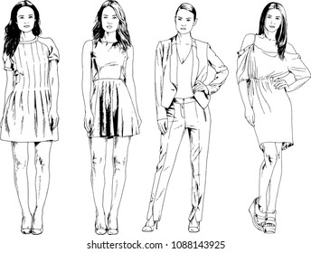 vector drawings on the theme of beautiful slim sporty girl in casual clothes in various poses painted ink hand sketch with no background
