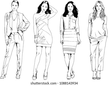 vector drawings on the theme of beautiful slim sporty girl in casual clothes in various poses painted ink hand sketch with no background

