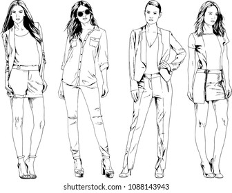 vector drawings on the theme of beautiful slim sporty girl in casual clothes in various poses painted ink hand sketch with no background

