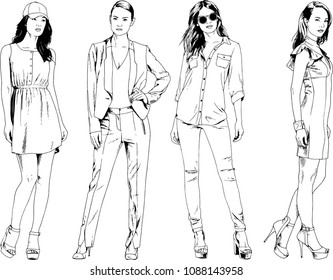 vector drawings on the theme of beautiful slim sporty girl in casual clothes in various poses painted ink hand sketch with no background
