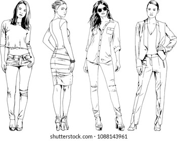 vector drawings on the theme of beautiful slim sporty girl in casual clothes in various poses painted ink hand sketch with no background
