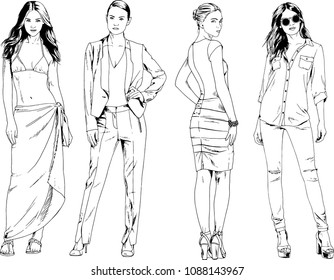 vector drawings on the theme of beautiful slim sporty girl in casual clothes in various poses painted ink hand sketch with no background
