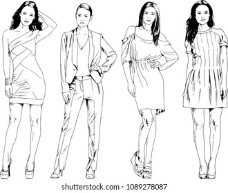 vector drawings on the theme of beautiful slim sporty girl in casual clothes in various poses painted ink hand sketch with no background
